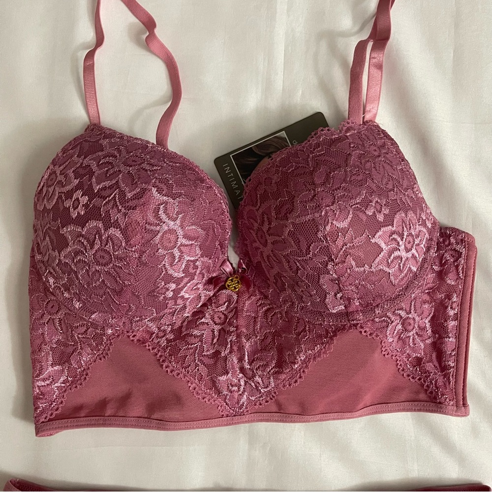 Violet long line mesh bra and lace thong two piece set - Picture 2 of 6